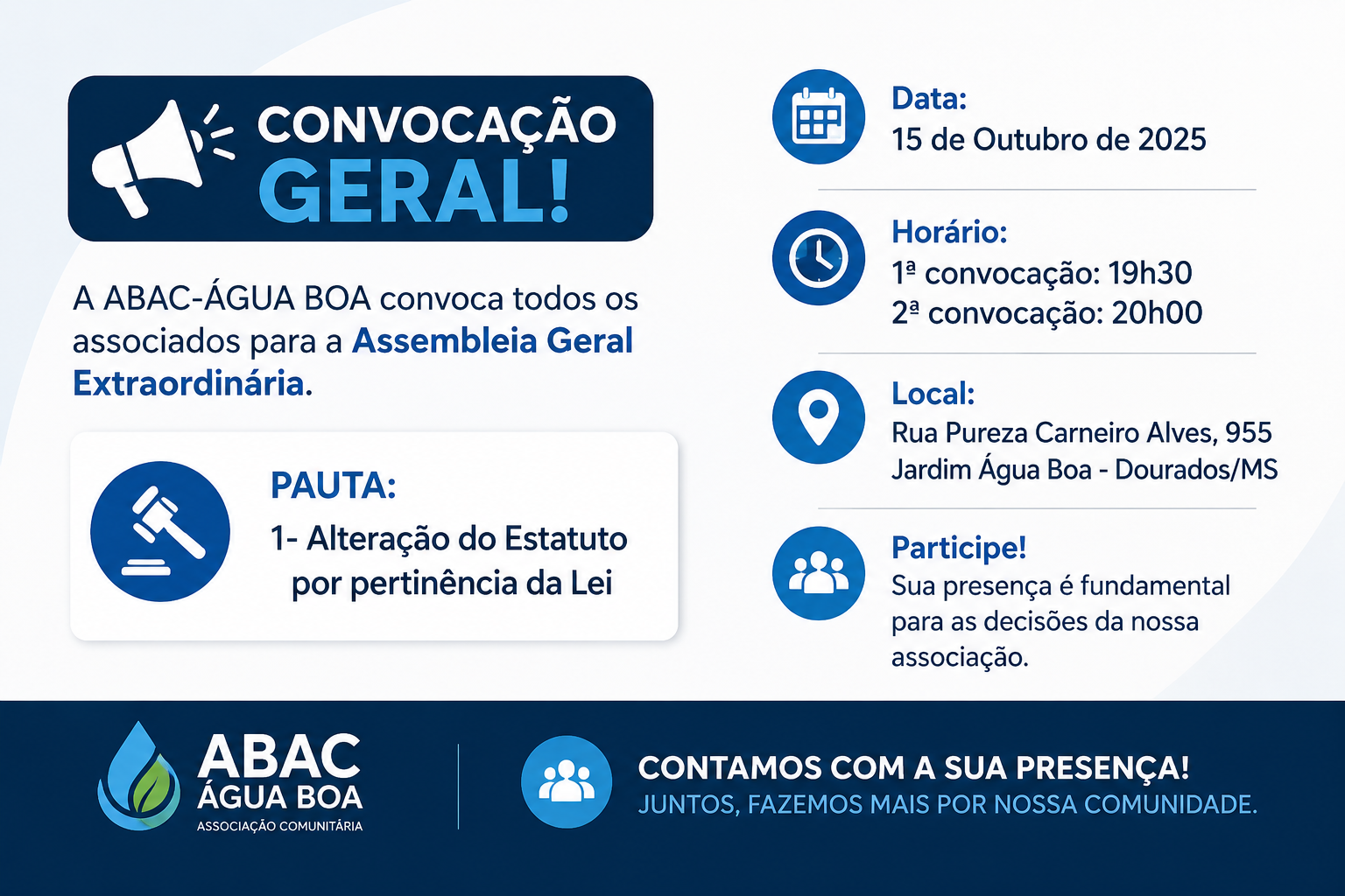 Associação Comunitária Água Boa convoca Assembleia Geral Extraordinária para discutir alteração no estatuto
